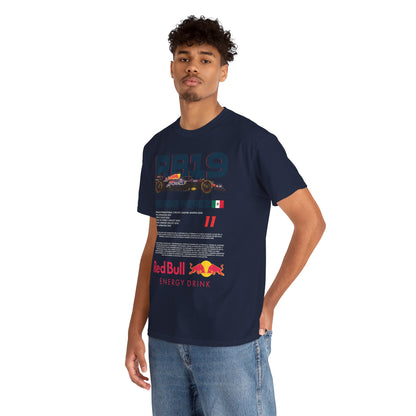 A male model wearing a navy t-shirt featuring a Red Bull RB19 graphic and Sergio Perez's name, embodying the spirit of motorsport luxury.