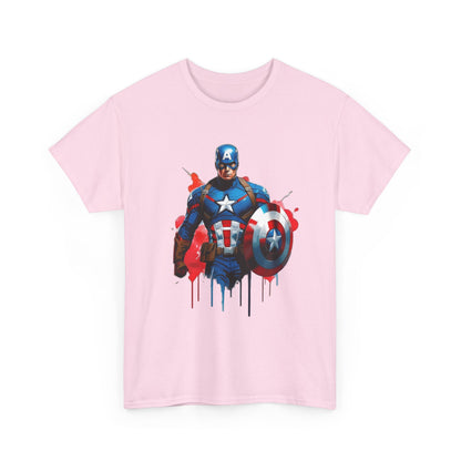 Front view of the striking Captain America Graphic Tee, featuring an artistic comic illustration of Captain America in vibrant colours.