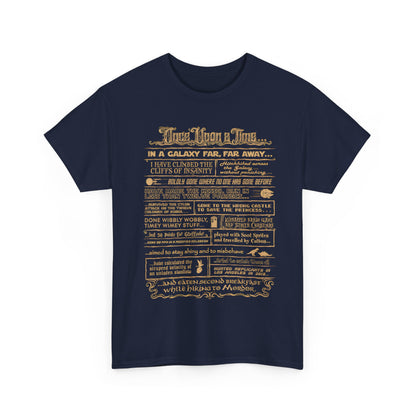 Once Upon a Time Graphic T-Shirt for Geeks - Vintage Cosmic Adventure Unisex Cotton Tee in navy, showcasing exquisite golden and beige thematic artistry.