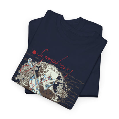 Elegantly folded luxury navy t-shirt showcasing a Baroque skull with a violin, enhanced by intricate floral motifs and sophisticated typography, perfect for music lovers who appreciate unique fashion.