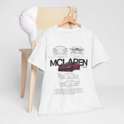 McLaren 720S T-Shirt with Cap: Stylish men's white tee displaying a vibrant technical drawing of the McLaren 720S, paired with a cap for a complete luxury automotive enthusiast look.
