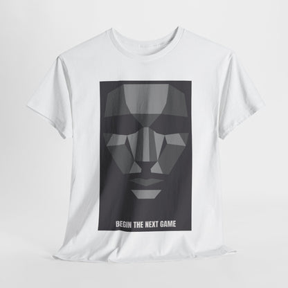 Stylish white graphic t-shirt featuring a minimalist geometric face design with the text 'BEGIN THE NEXT GAME', ideal for fashion-forward individuals.