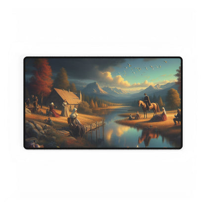 Lunaria Spectroscape Edvard Munch-Inspired Desk Mat featuring a beautifully painted scene with a tranquil river, individuals interacting in vintage clothing, and a stunning mountainous backdrop, ideal for sophisticated office decor.