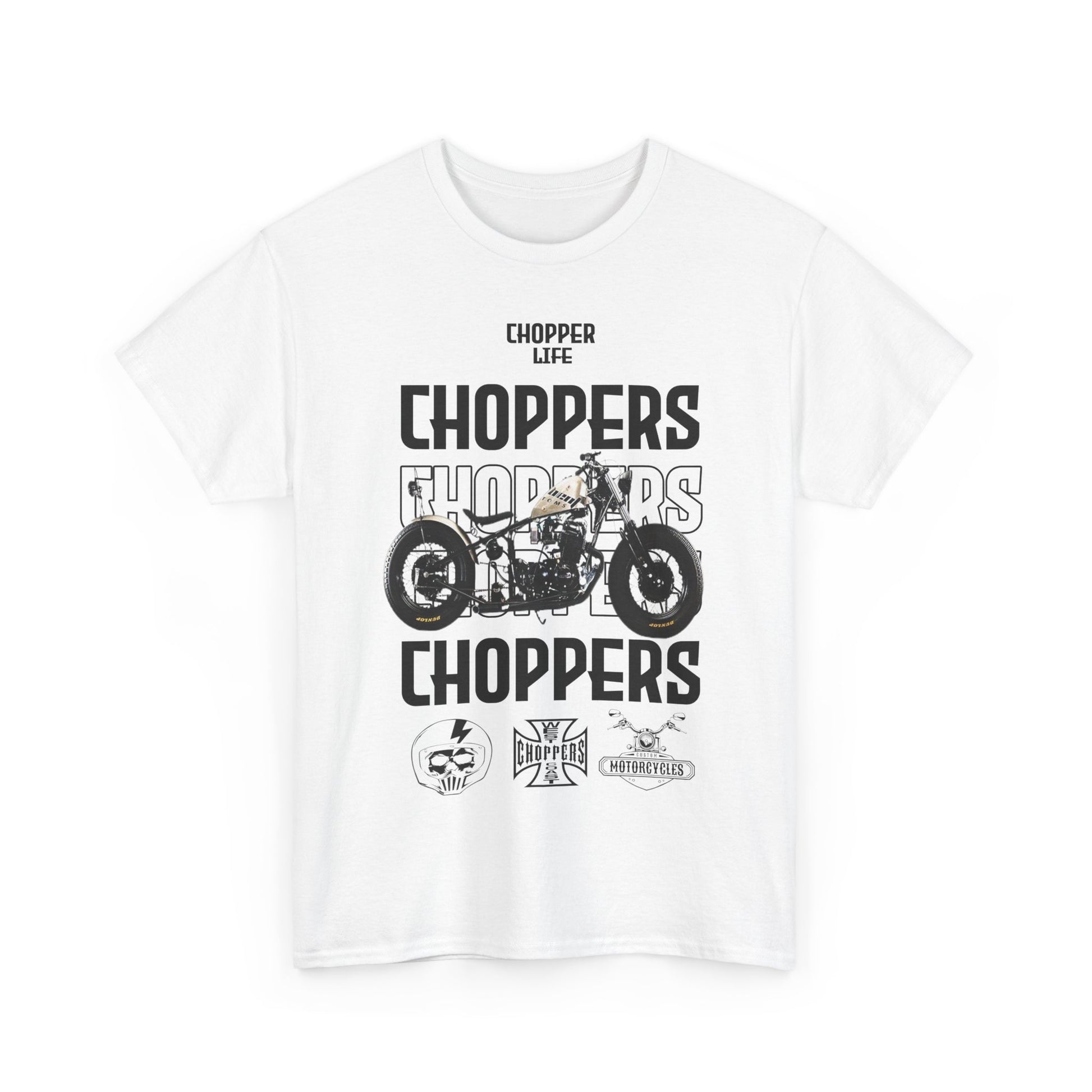 Front view of a luxury white T-shirt with a bold motorcycles graphic, showcasing the phrase 'CHOPPER LIFE' and vibrant chopper illustrations, perfect for motorcycle enthusiasts.