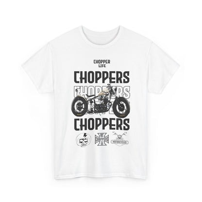 Chic white men's t-shirt with a striking front design highlighting 'CHOPPER LIFE' and vintage motorcycle imagery, perfect for stylish riders.