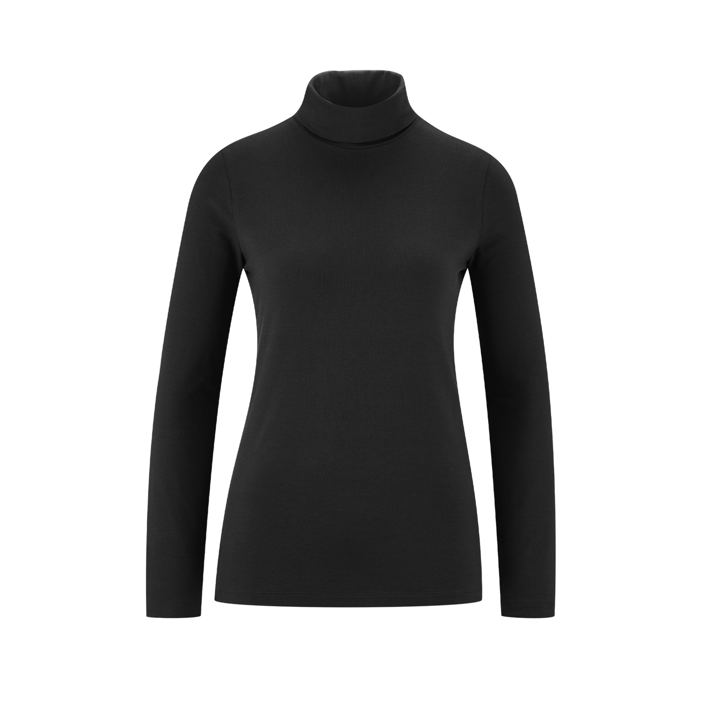 Model wearing a luxury organic long sleeve turtleneck t-shirt in a stylish slim fit, demonstrating versatility for casual chic looks.
