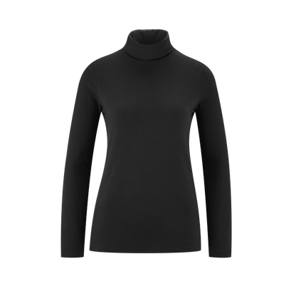 Model wearing a luxury organic long sleeve turtleneck t-shirt in a stylish slim fit, demonstrating versatility for casual chic looks.