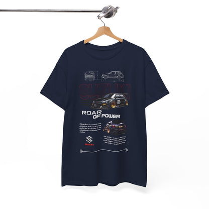 Stylish navy blue Suzuki Forza men's t-shirt displayed on a hanger, featuring a dynamic graphic design of the car and impactful typography that captures automotive passion.