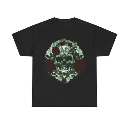 Skulls and Roses Cotton Tee in black, featuring intricate steampunk design with skulls and roses, perfect for those who appreciate edgy luxury fashion.