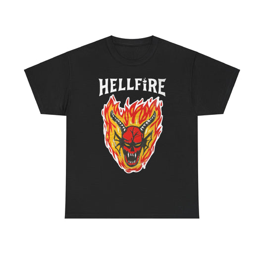 Opulent black graphic Tee showcasing a bold 'HELLFIRE' design, adorned with a captivating demon skull and flames, ideal for stylish streetwear aficionados.