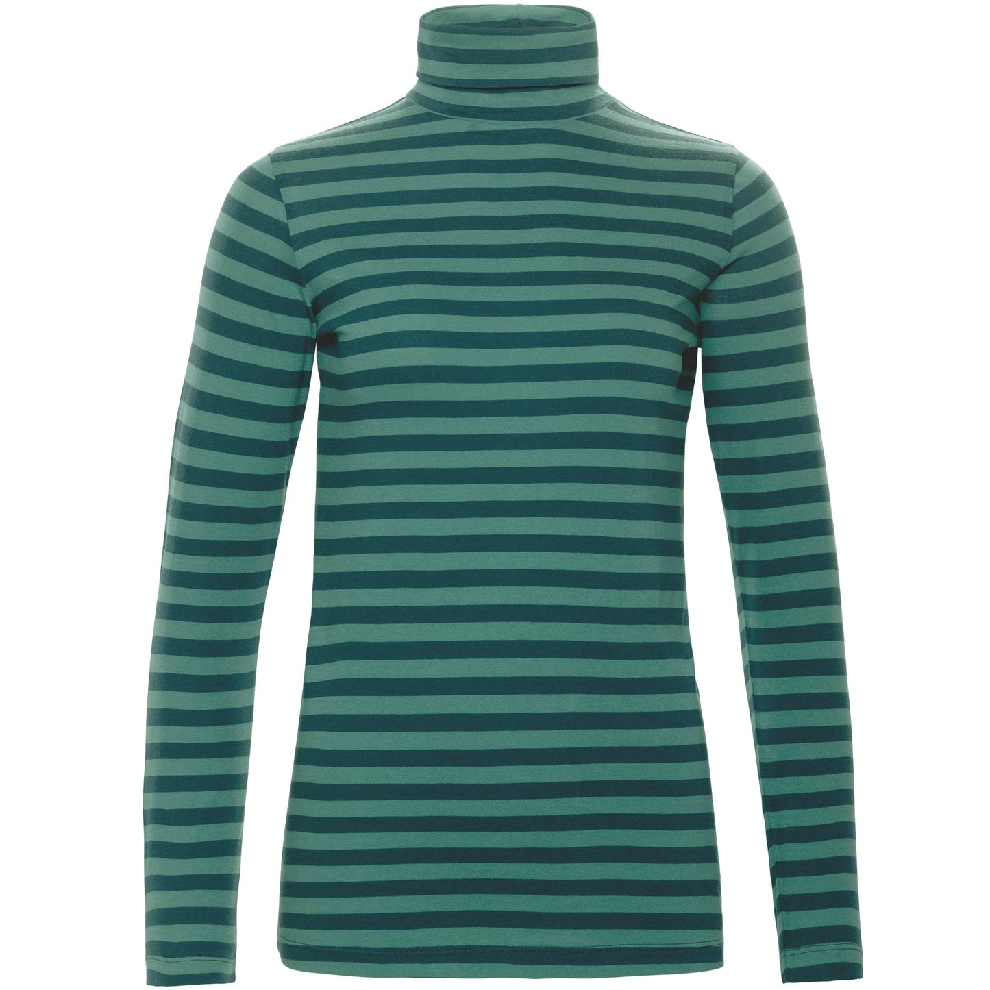 Close-up view of the soft, comfortable fabric of a luxury organic cotton long-sleeve turtleneck t-shirt for women.
