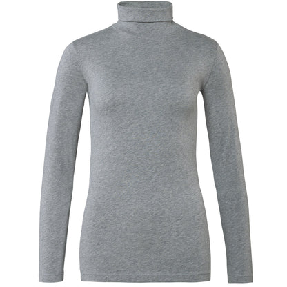 Back view of the luxury organic cotton turtleneck t-shirt, displaying its elegant cut and fit on a model.