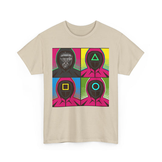 Elegant Squid Game Pop Art Unisex Men’s Women’s Graphic Cotton T-Shirt displaying bold, colourful masked characters in a modern aesthetic
