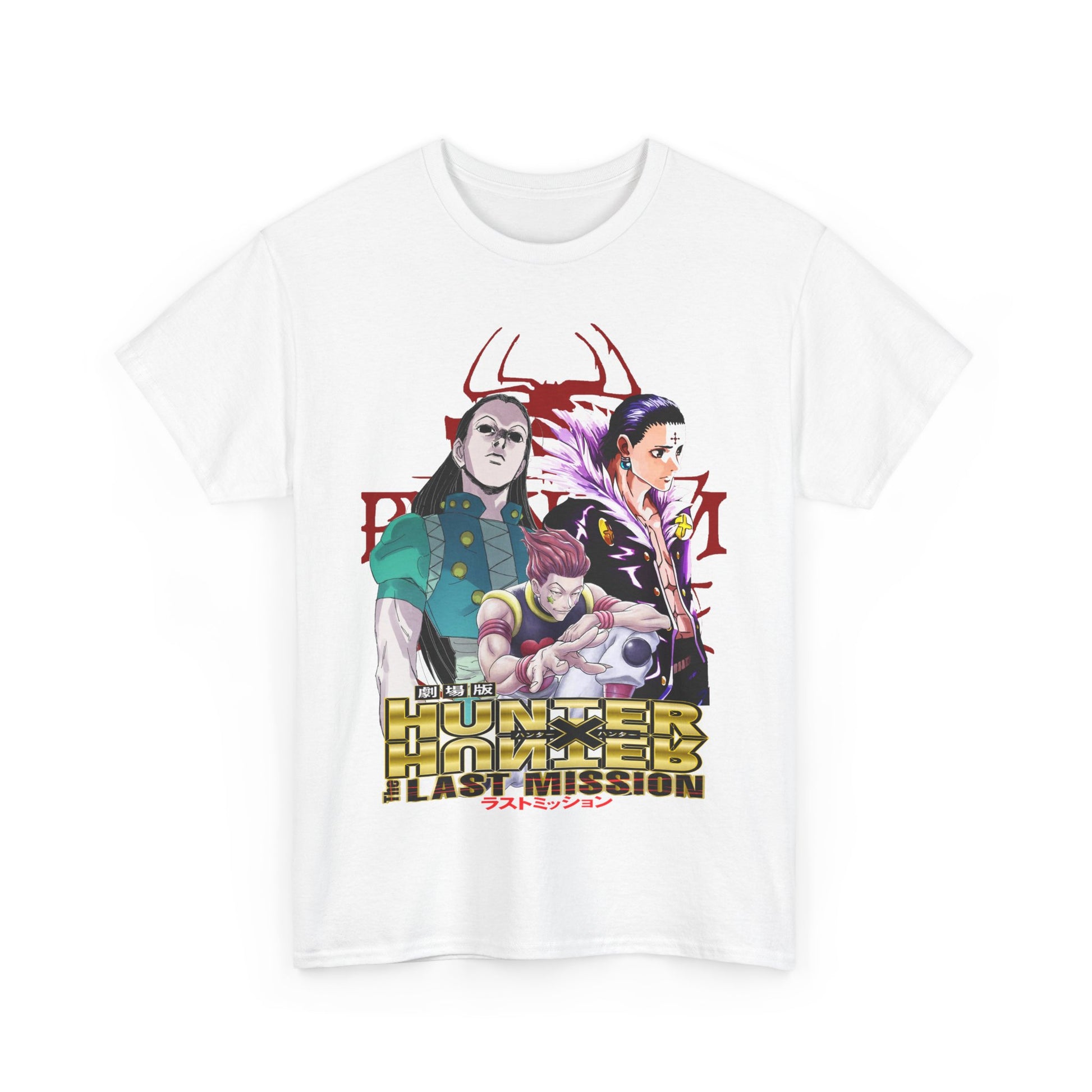 Impeccably crafted white Hunter x Hunter T-shirt displaying detailed illustrations of key figures from The Last Mission anime, ideal for luxury anime enthusiasts.
