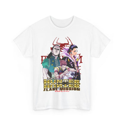 Impeccably crafted white Hunter x Hunter T-shirt displaying detailed illustrations of key figures from The Last Mission anime, ideal for luxury anime enthusiasts.