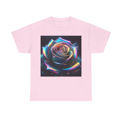Ethereal Rose Tee Unisex Cotton Graphic T-Shirt displaying an artistic close-up of a rainbow-hued rose adorned with glittering droplets on a soft pink background.