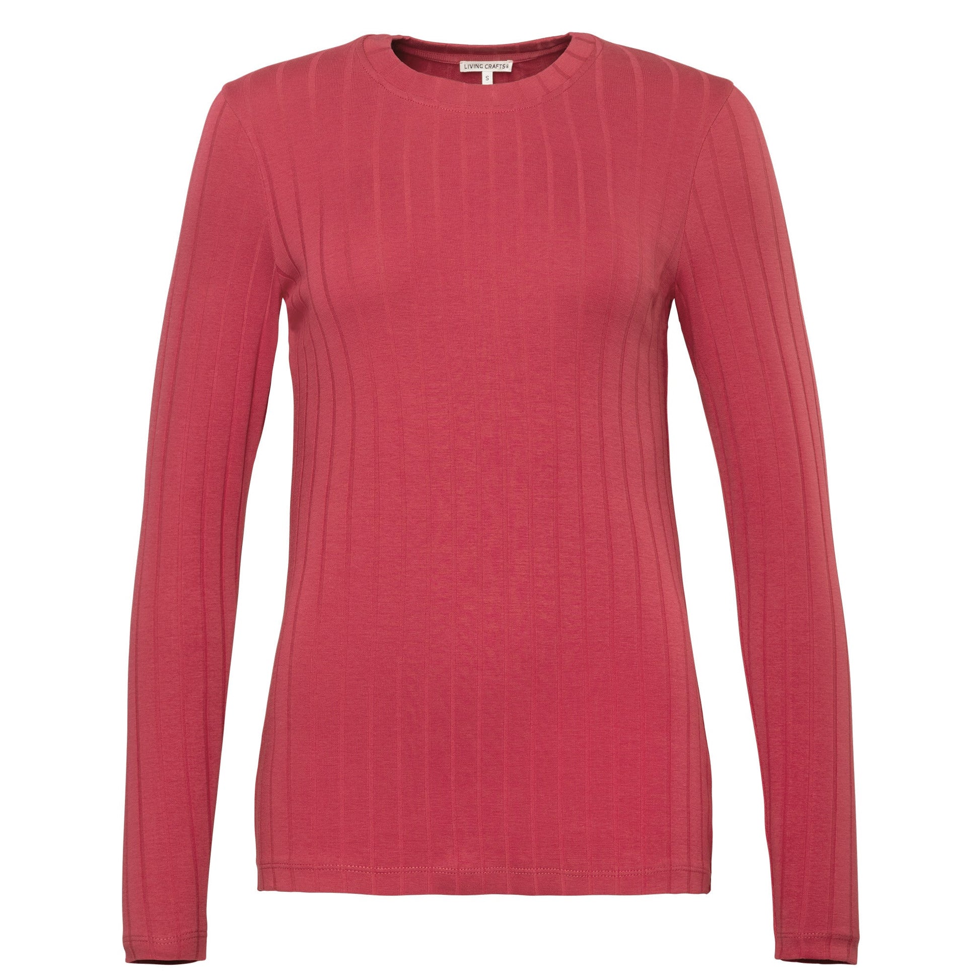 Fashionable organic cotton ribbed long sleeve t-shirt laid flat, demonstrating its classic straight hem and snug fit, perfect for modern layering.