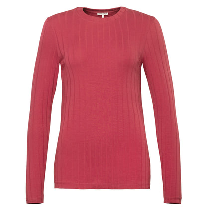 Fashionable organic cotton ribbed long sleeve t-shirt laid flat, demonstrating its classic straight hem and snug fit, perfect for modern layering.