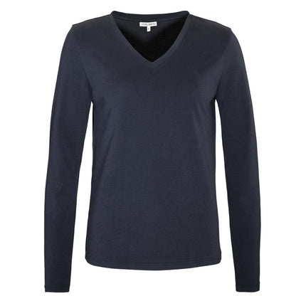 Versatile and fashionable long sleeve V-neck top made from 100% organic cotton, reflecting a commitment to vegan fashion.