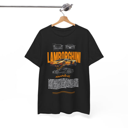 Luxurious Lamborghini Aventador graphic T-shirt displayed on a hanger, showcasing premium design and bold typography.