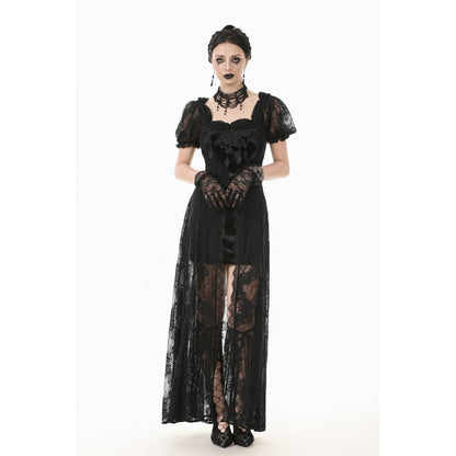 Flat lay of the Dark In Love Morwenna Maxi Dress styled with accessories including a velvet choker and lace-up boots for a complete gothic outfit.
