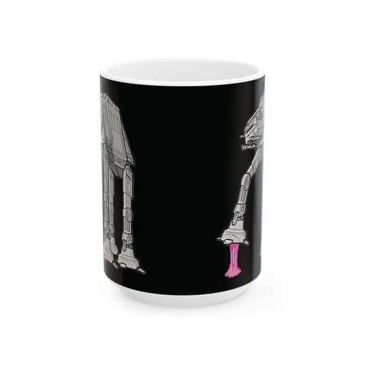 Close-up of the Rebel Gum Star Wars Funny AT AT Coffee Mug highlighting its playful bubblegum pink effect, ideal for tea and coffee enjoyment.