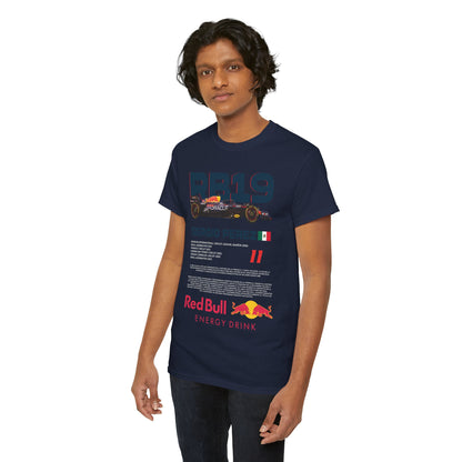 Men's Red Bull RB19 F1 Racing T-shirt featuring Sergio Perez graphic, designed in luxurious navy fabric for motorsport enthusiasts, showcasing sleek design and premium quality.