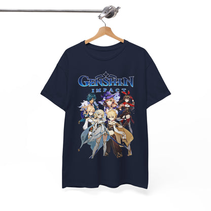Genshin Impact T-Shirt gracefully hung on display, highlighting its striking design and quality craftsmanship, perfect for casual and gaming wear.