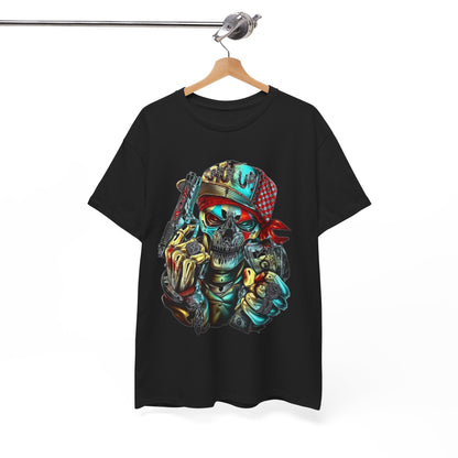 Luxurious men's black t-shirt displaying an eye-catching stylized skull graphic with vibrant cap and bandana, embodying a rebellious gangsta aesthetic.