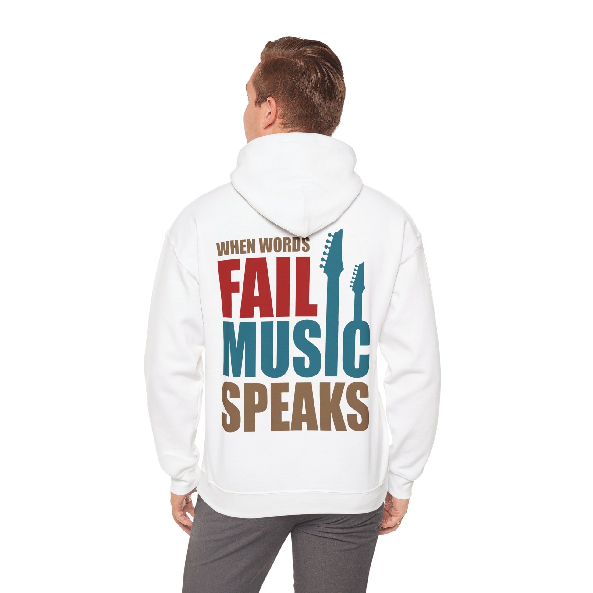 Smart white hoodie worn by a model, displaying the striking back graphic 'WHEN WORDS FAIL MUSIC SPEAKS', elegantly blending comfort with a powerful artistic message.
