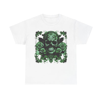 Luxurious Skulls and Roses Cotton Tee in vibrant green design, featuring intricate skull and rose graphics, perfect for making a bold fashion statement.