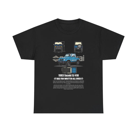 Elegant black men's t-shirt adorned with a retro Suzuki SJ 410 design, featuring stylish vehicle illustrations and specifications; an ideal addition to a sophisticated wardrobe for car lovers.