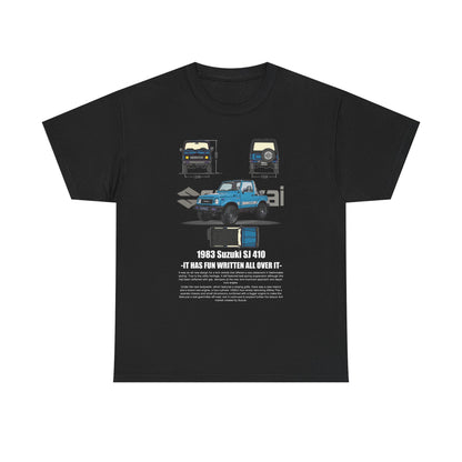 Elegant black men's t-shirt showcasing a retro Suzuki SJ 410 illustration with detailed specifications, ideal for discerning explorers.