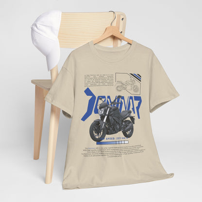 Premium T-shirt on a wooden chair featuring the Dominar 400 motorcycle graphic, embodying style and par excellence for motorcycle lovers.