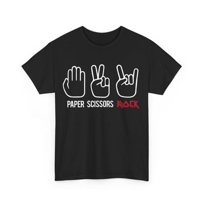 Rock Paper Scissors Graphic T-Shirt Urban Unisex Cotton Tee presented against a minimalistic background, featuring eye-catching illustrations of hand signs with refined wording.