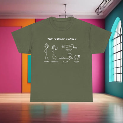 Elegant olive green graphic tee designed with humorous stick figure illustrations and the title "The F#@k Family", suitable for stylish relaxation.