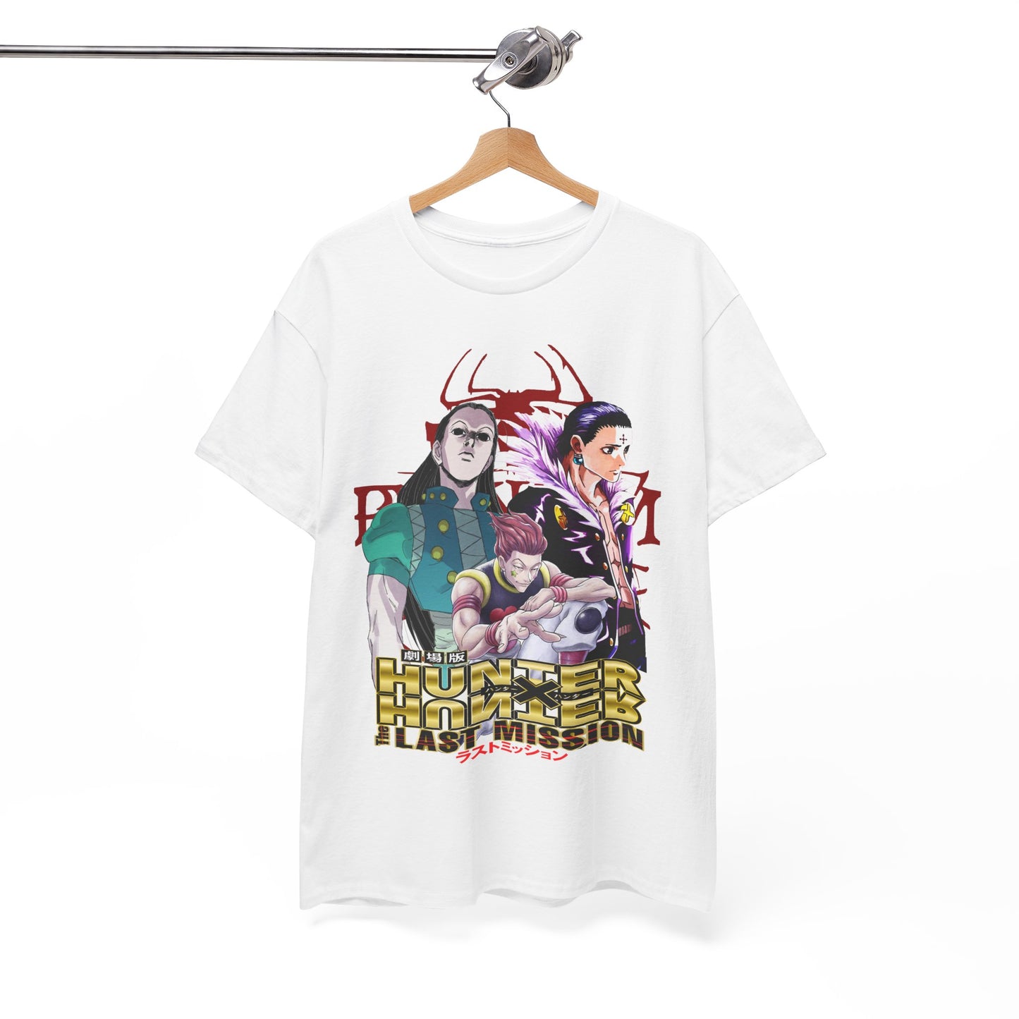 Premium Hunter x Hunter T-shirt featuring a striking graphic design of Gon, Hisoka, and Killua set against a dramatic red background, perfect for anime enthusiasts.
