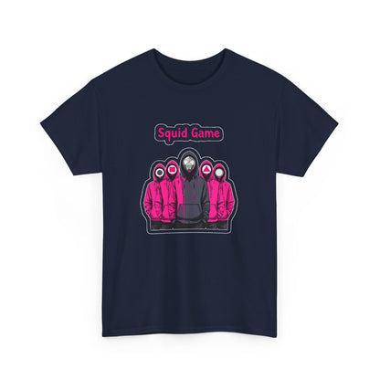 Squid Game Unisex Men’s Women’s Graphic Cotton Funny T-Shirt Tee featuring a striking design of hooded figures in pink against a deep blue background.