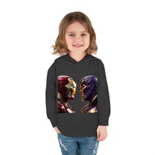 Iron Man Vs Thanos Child's Unisex Hoodie crafted from high-quality fleece, modelled by a little girl aged 2 to 5 years, highlighting the iconic battle between Iron Man and Thanos.