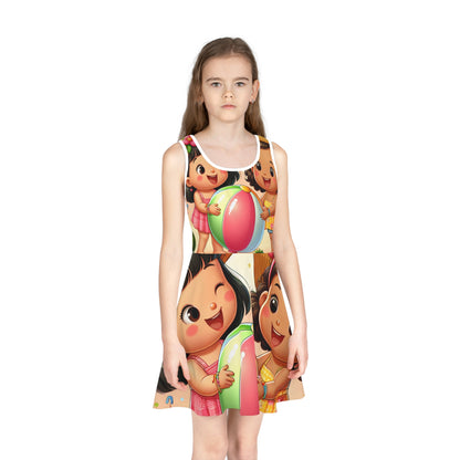 Bella Buttonsmith Girls Fruit Fun Sundress featuring vibrant fruit motifs, perfect for toddlers aged 2+, designed by Dazzling Dreams Studio. A stylish summer choice for playful outings.
