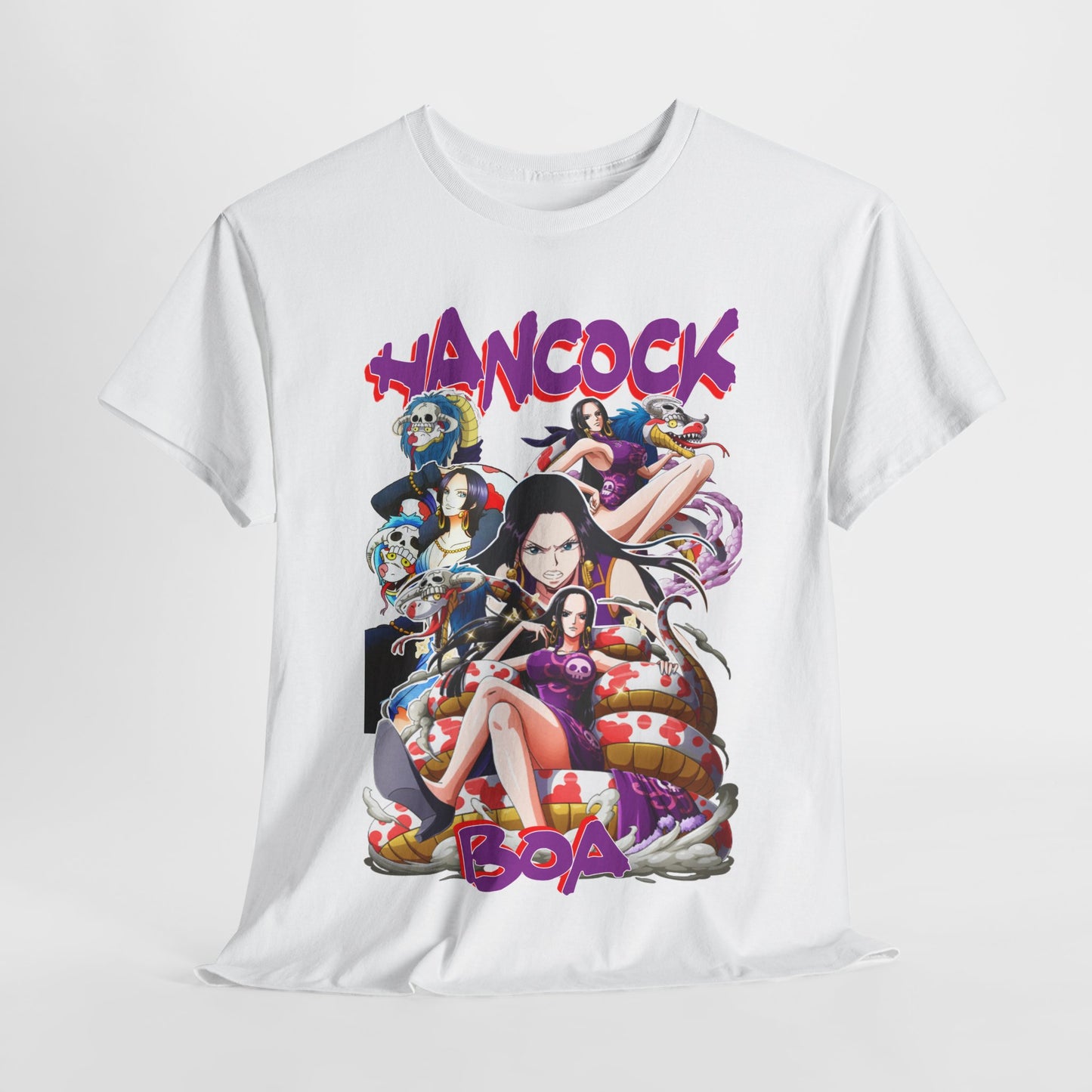 Stylish Boa Hancock t-shirt displayed against a minimalist backdrop, highlighting intricate anime-inspired artwork with bold typography, perfect for discerning anime enthusiasts.