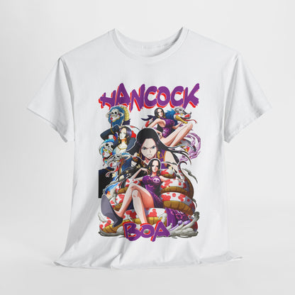 Stylish Boa Hancock t-shirt displayed against a minimalist backdrop, highlighting intricate anime-inspired artwork with bold typography, perfect for discerning anime enthusiasts.