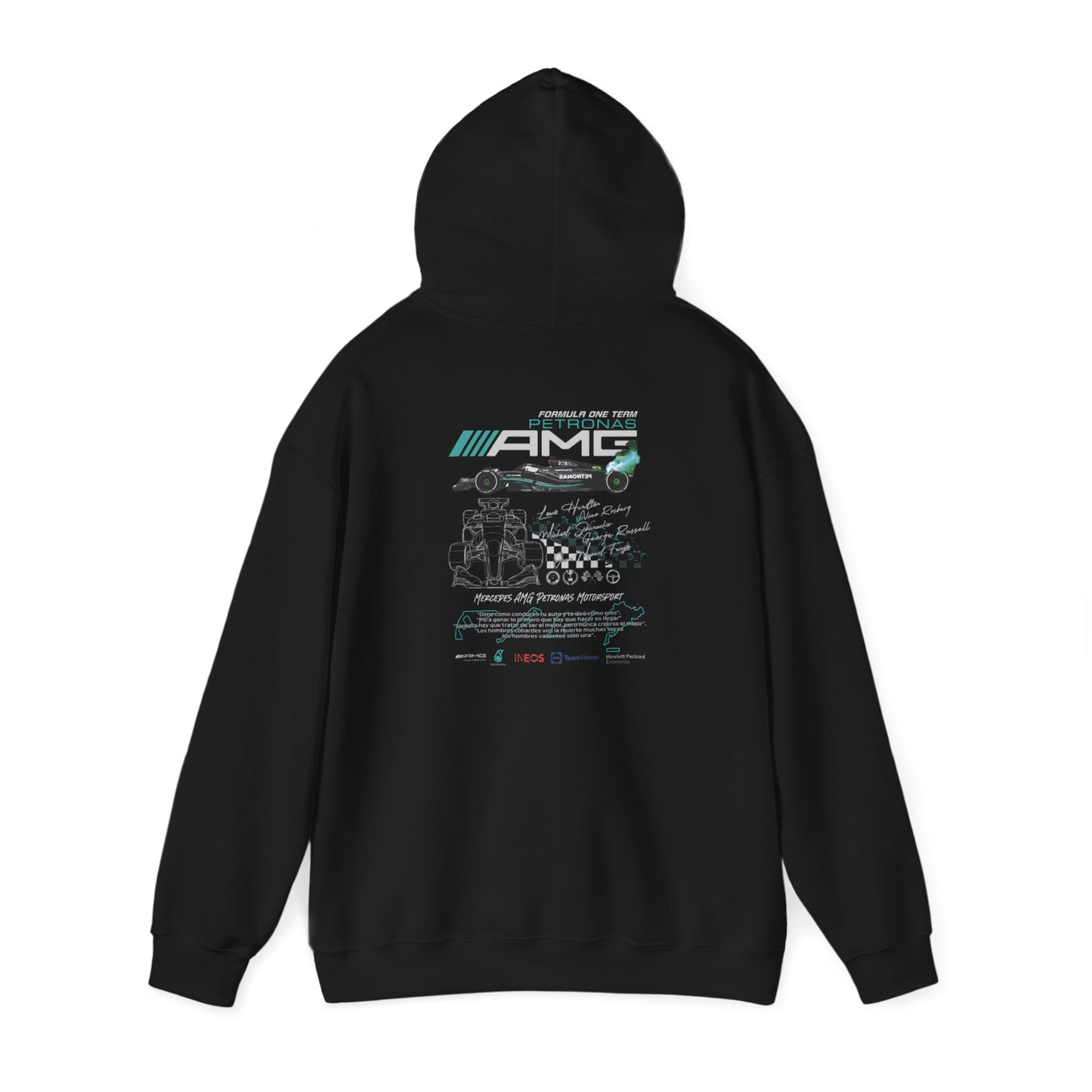 Chic black hoodie featuring an intricate AMG Petronas F1 Racing Team graphic on the back, a perfect blend of style and passion.