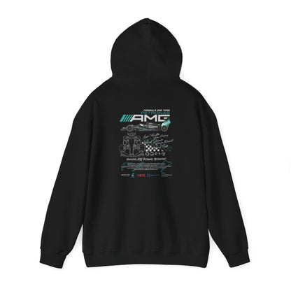 Chic black hoodie featuring an intricate AMG Petronas F1 Racing Team graphic on the back, a perfect blend of style and passion.
