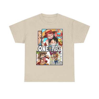 Elegant beige One Piece manga-themed men's t-shirt showcasing a colourful character collage, ideal for stylish anime fans.