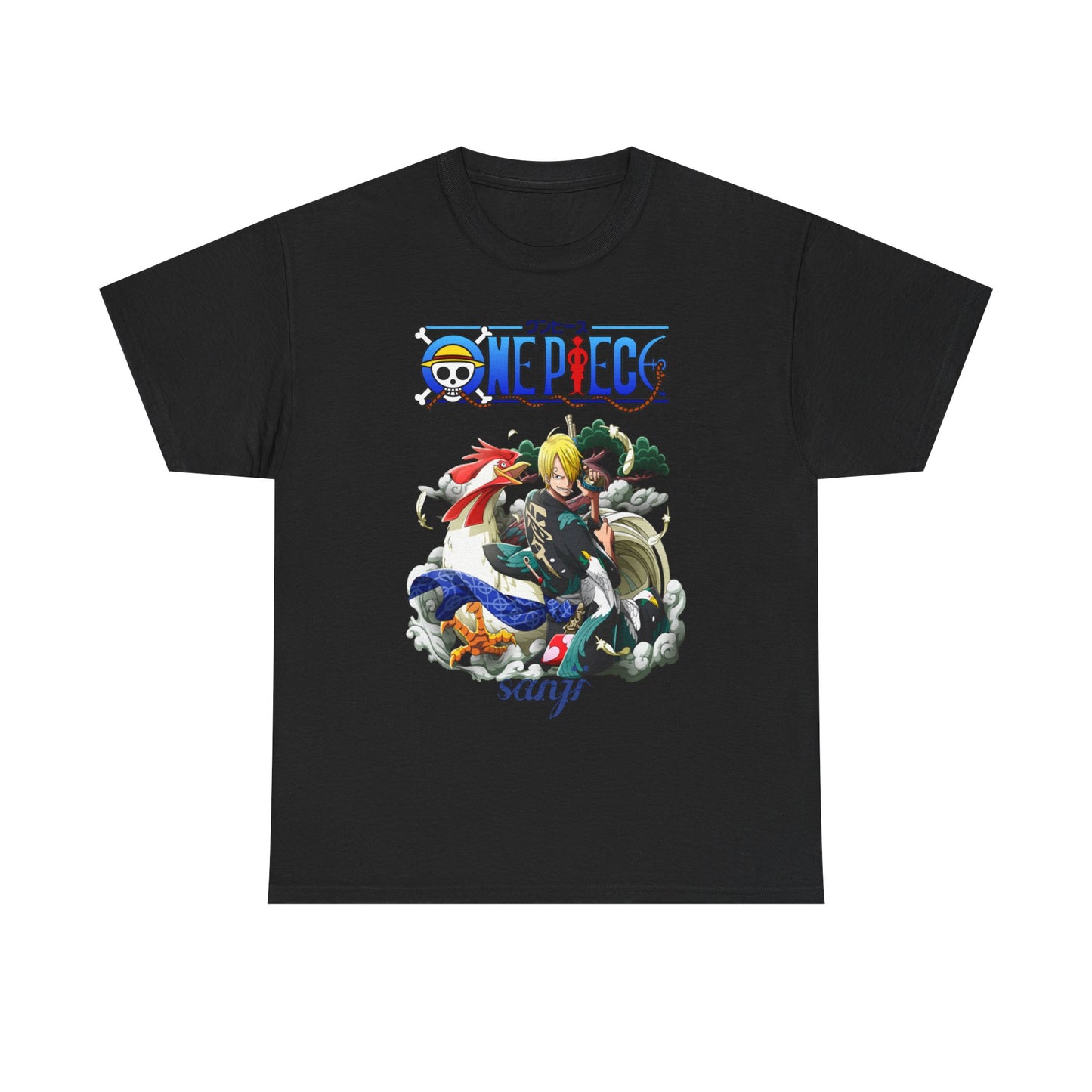 Stylish black men's t-shirt featuring a striking Sanji design from One Piece, offering a blend of modern aesthetics and anime flair.