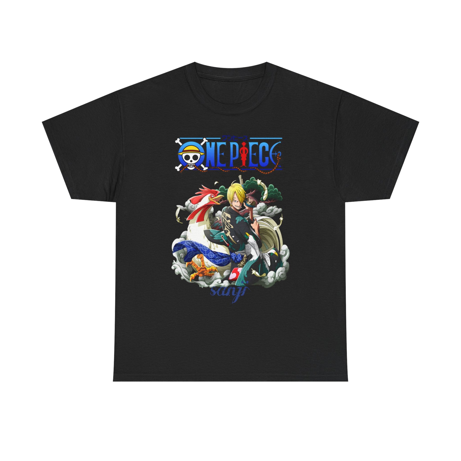 Stylish black men's t-shirt featuring a striking Sanji design from One Piece, offering a blend of modern aesthetics and anime flair.