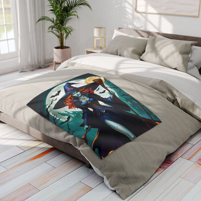 Chic Decorative and Warm Halloween Cute Arctic Fleece Blanket on a plush bed, featuring an enchanting witch design, perfect for indulging in warmth and style this Halloween.