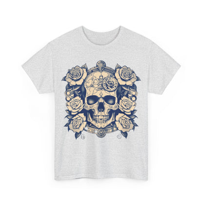 Close-up front view of the Skulls and Roses Cotton Tee displaying the intricate skull and rose graphic, epitomising alternative fashion in a luxurious unisex fit.