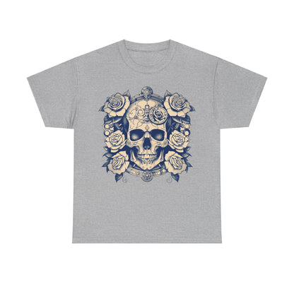 Close-up view of a Skulls and Roses Cotton Tee in heather grey, featuring a luxurious steampunk graphic of skulls adorned with roses, ideal for unique style statements.